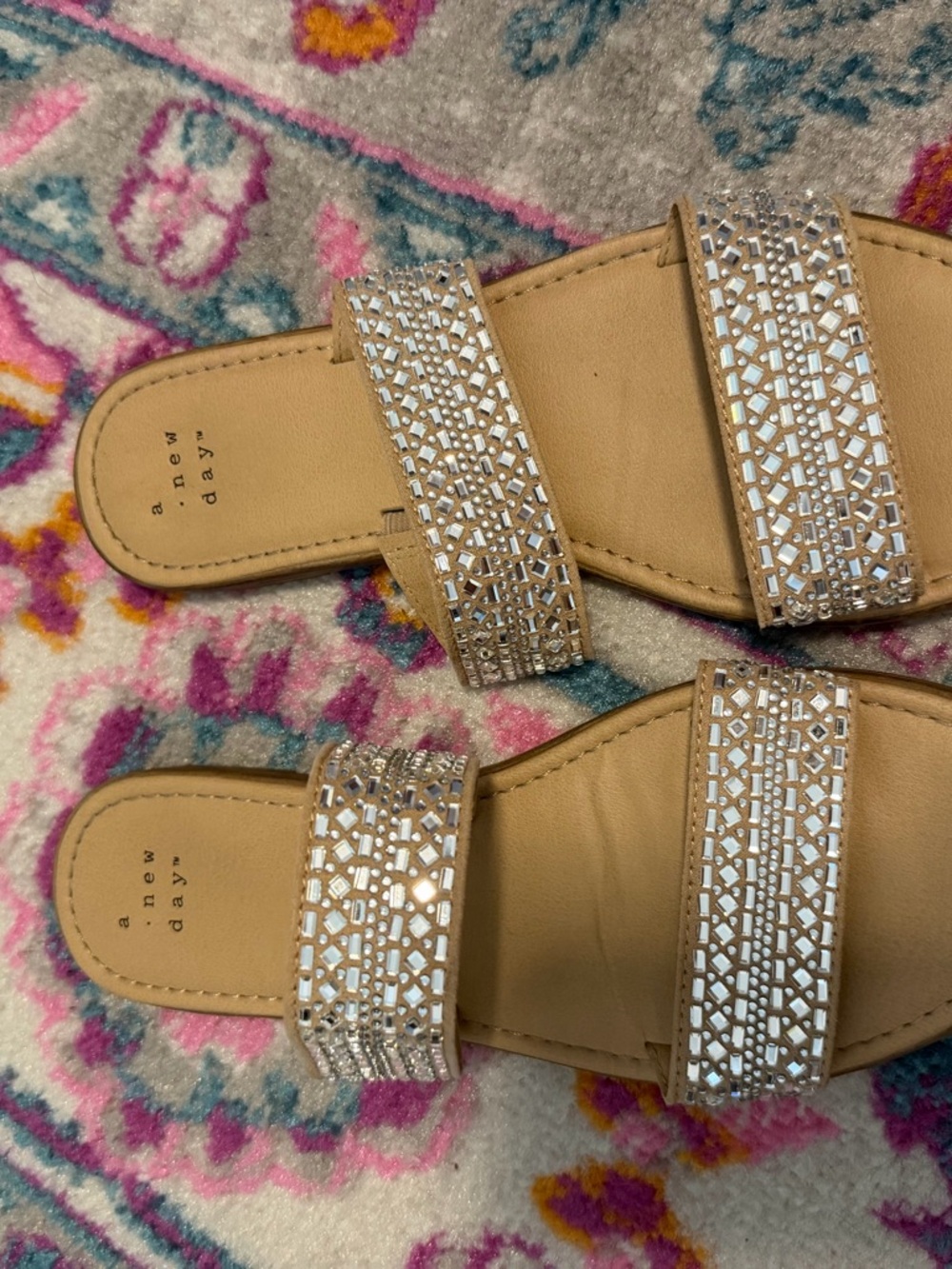 a new day Tan Slide Sandals with Silver Crystal Straps